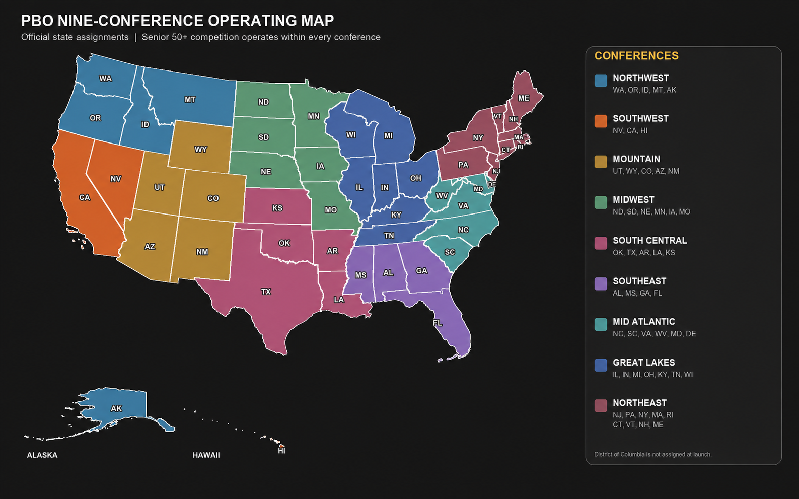 Official Professional Bowling Organization map showing South Carolina in the Mid Atlantic Conference alongside the Northwest, Southwest, Mountain, Midwest, South Central, Southeast, Great Lakes, and Northeast conferences